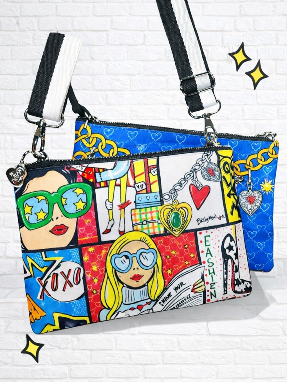 Brighton Colorful Comic Print Crossbody Bag Reversible Adjustable Strap NWOT